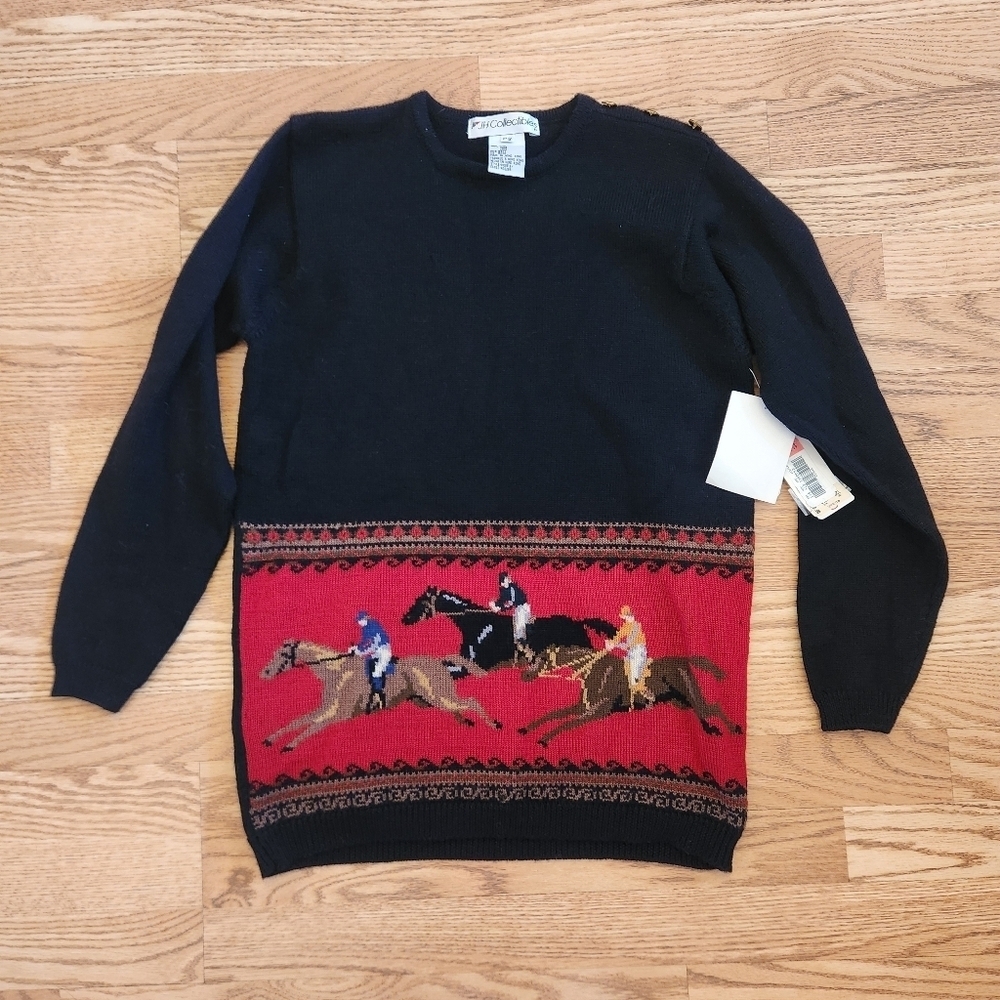 NWT JH Collectibles Black and Red Sweater with Equestrian Design, Size PS